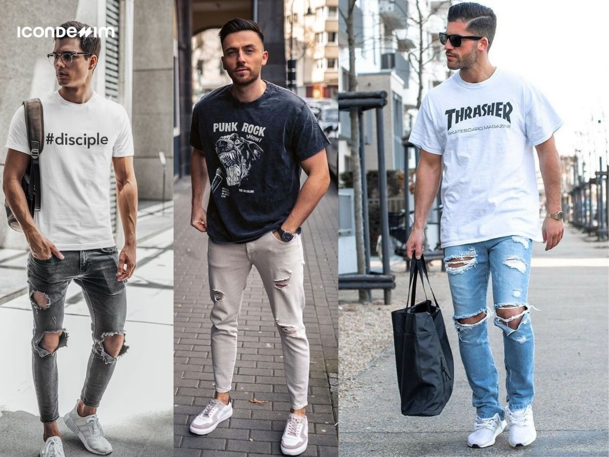 Phối áo phông họa tiết với quần jeans rách