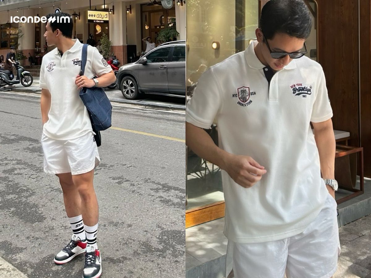 Nam giới diện áo polo và quần short đi dạo phố cùng bạn bè