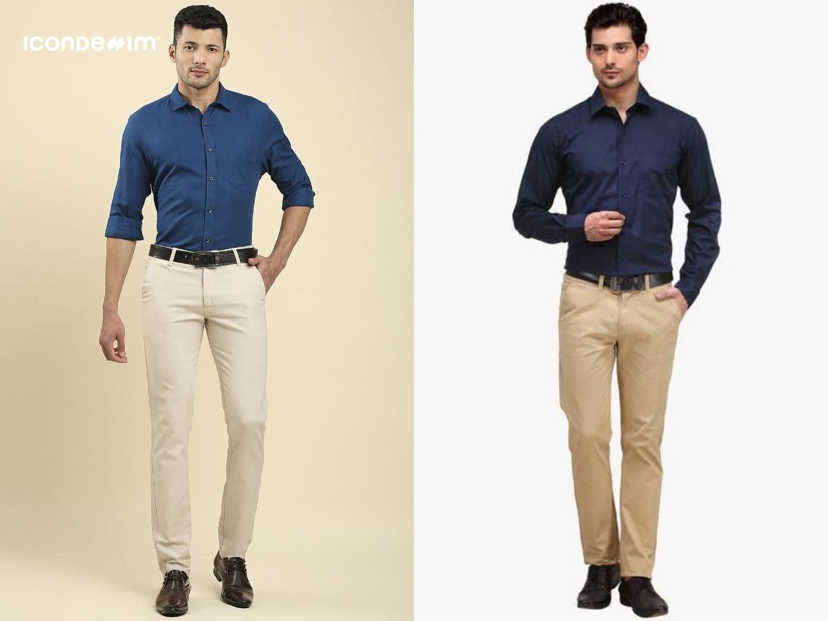 Áo sơ mi màu xanh navy với quần kaki