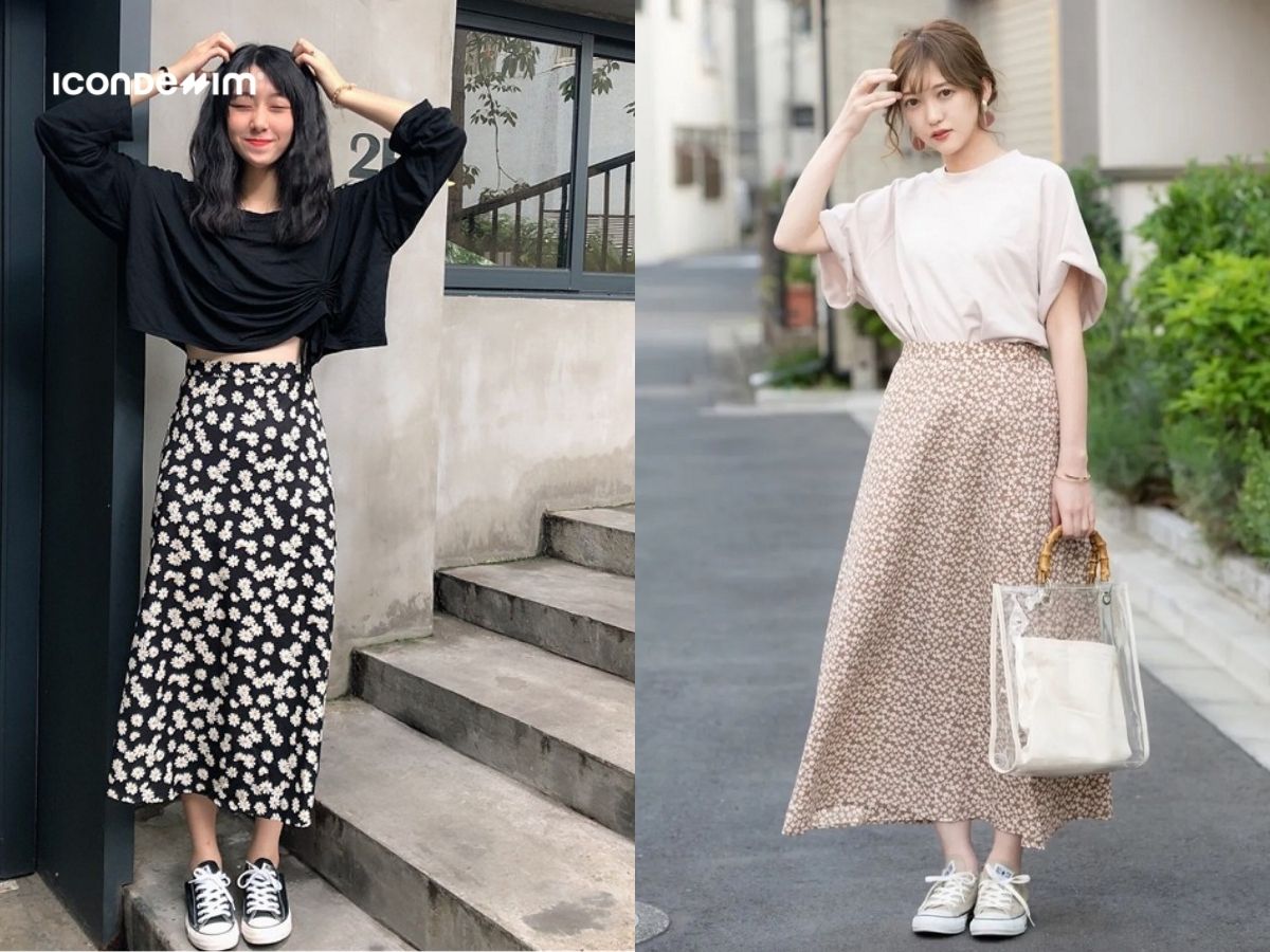 Diện áo thun với chân váy midi hoa đi dạo phố