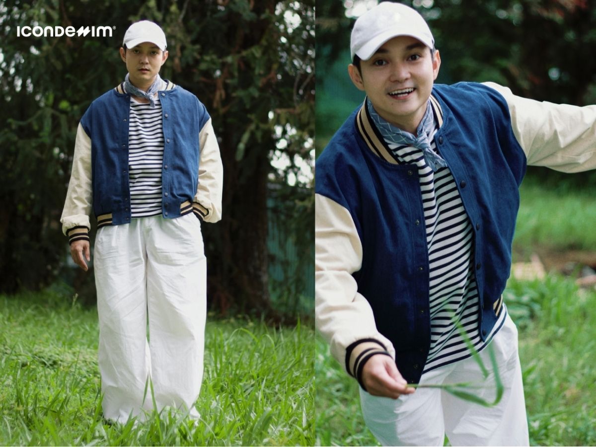 Outfit nam dịp Tết cá tính với áo varsity, quần kaki và áo thun