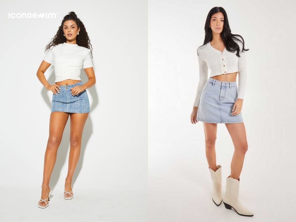 Chân váy jeans ngắn phối cùng áo croptop cá tính