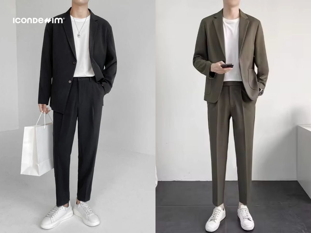 Outfit Tết cho nam cuốn hút gồm áo blazer, áo thun trắng và quần âu