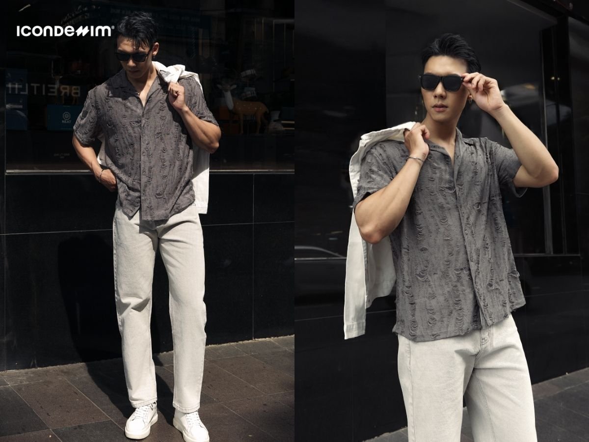 Phối đồ tết áo sơ mi họa tiết mix với quần jeans xám trắng