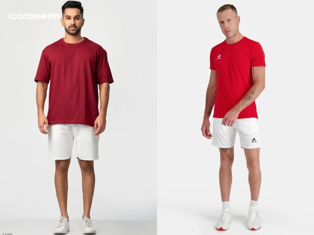 Phối áo thun đỏ với quần short năng động
