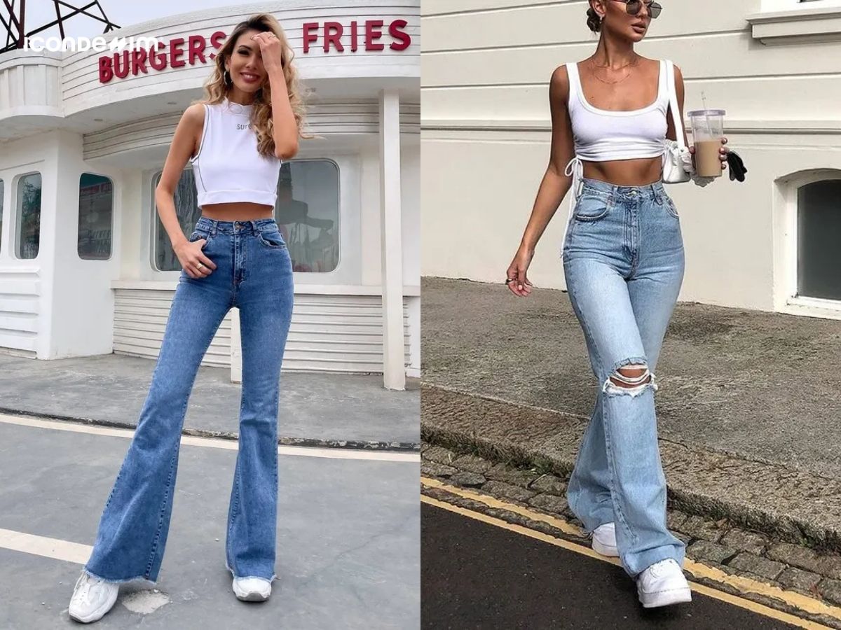 Quần jeans ống loe với áo croptop tôn lên nét đẹp hiện đại