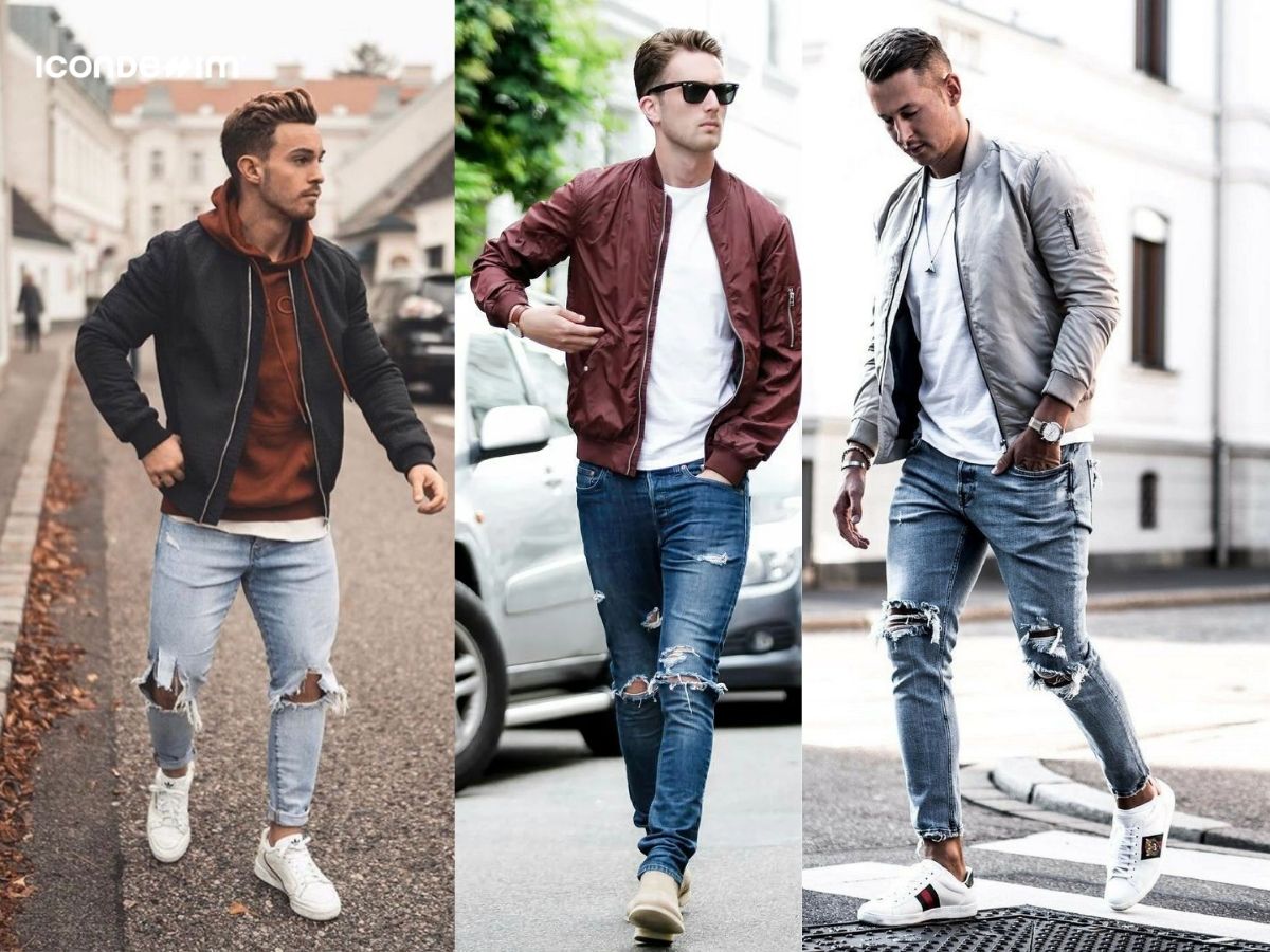 Diện quần jeans rách với áo bomber dạo phố